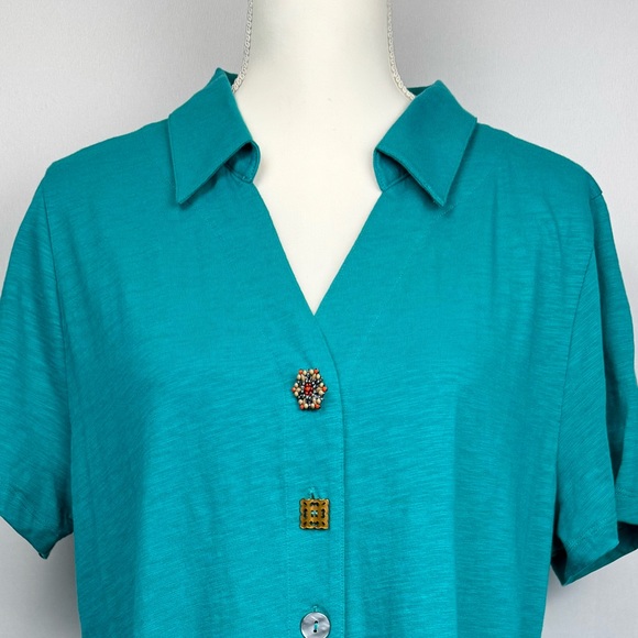 Soft Surroundings Danielle Button Dress Turquoise Shirtdress Pockets Size XL - Picture 4 of 12